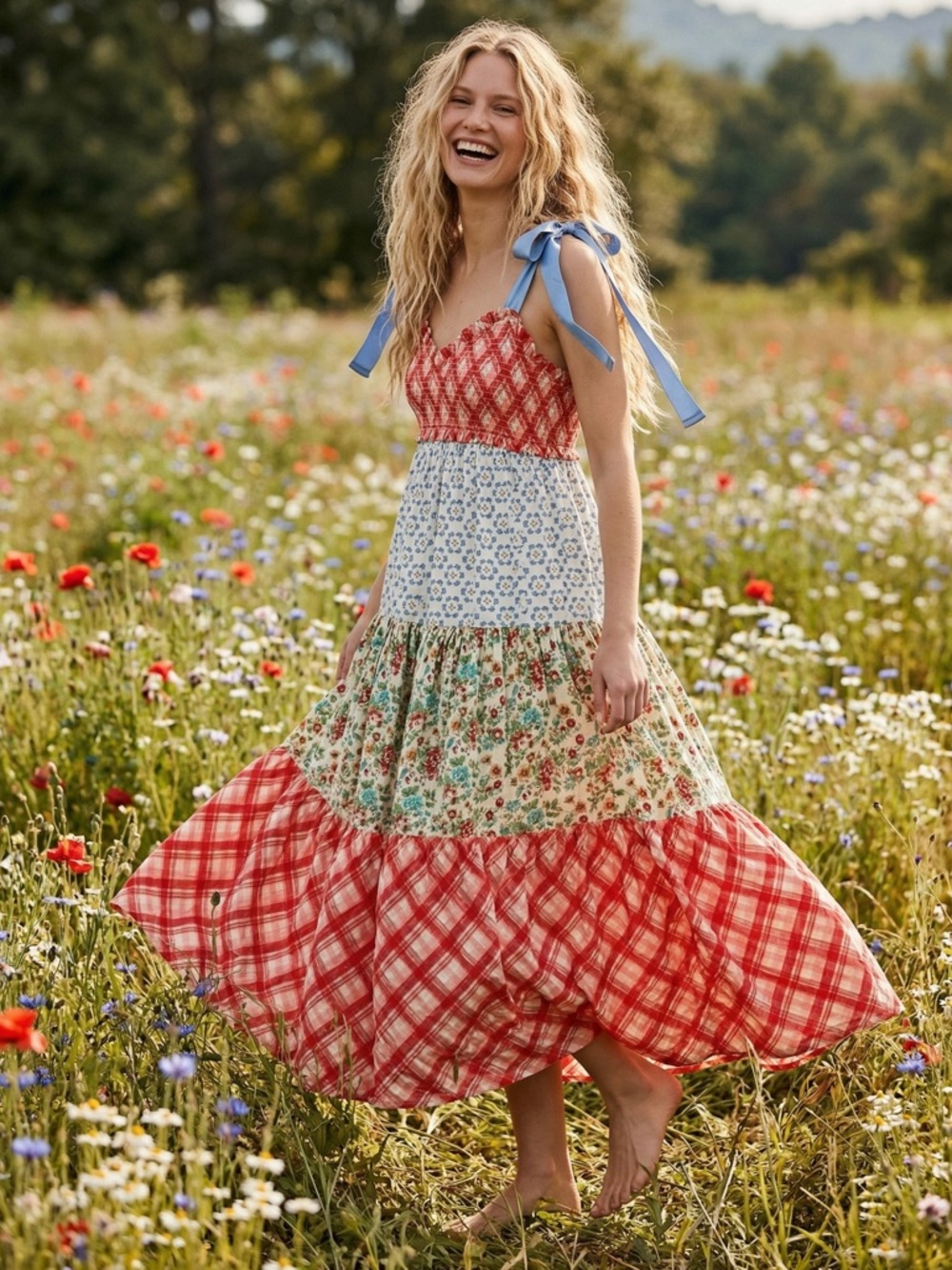 Free People Bluebell Maxi Dress Cherry Combo Medium NWT Picnic Prairie Bohemian